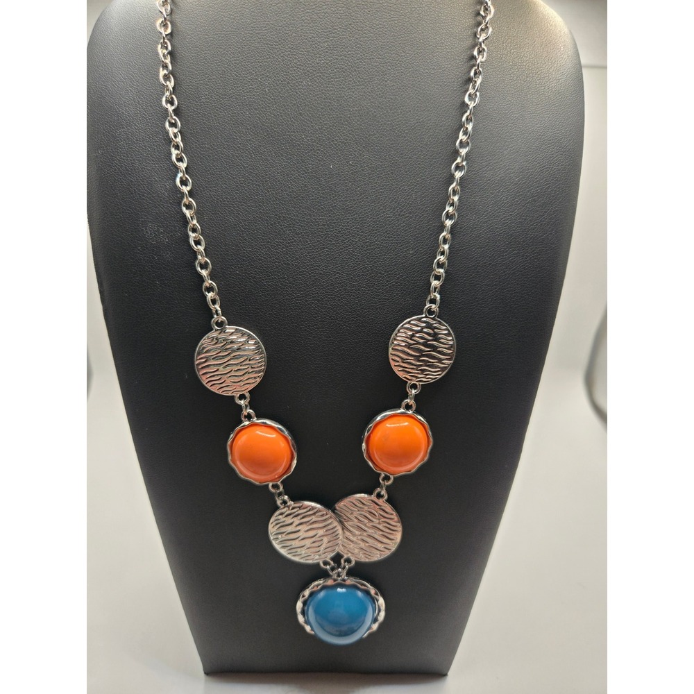 Silver Tone Orange Blue Cabochon Statement Necklace Textured Disc Geometric
